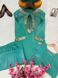 Beautiful crunchy silk with 5mm Siquence and zari Work & With Golden hanging Salwar Kameez
