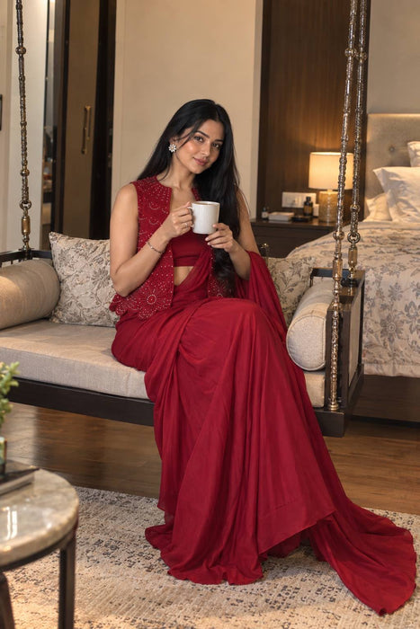 Premium Chinon Silk with Zari and Thread Embroidery Work Beautiful Saree