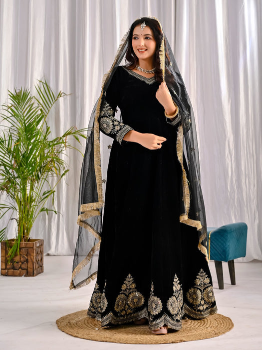 Pure heavy viscous velvet with heavy Embroidery multi sequence Work Designer Anarkali Suit