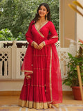 BEAUTIFUL ANGARKHA STYLED RED FULL FLAIRED GOWN WITH DUPATTA