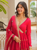 BEAUTIFUL ANGARKHA STYLED RED FULL FLAIRED GOWN WITH DUPATTA
