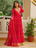BEAUTIFUL ANGARKHA STYLED RED FULL FLAIRED GOWN WITH DUPATTA