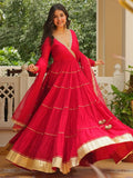 BEAUTIFUL ANGARKHA STYLED RED FULL FLAIRED GOWN WITH DUPATTA