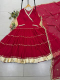 BEAUTIFUL ANGARKHA STYLED RED FULL FLAIRED GOWN WITH DUPATTA
