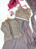 Premium Chinon Silk with Zari and Heavy Thread Embroidery Work & Sleeve attached With Chainiz kolar Lehenga Saree