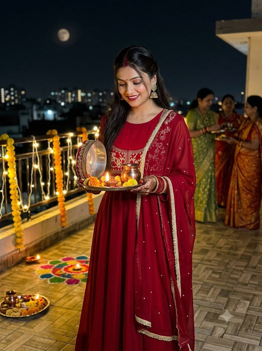 BEAUTIFUL ANARKALI STYLED RED GOWN WITH PANT AND DUPATTA