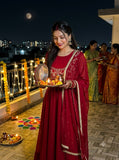 BEAUTIFUL ANARKALI STYLED RED GOWN WITH PANT AND DUPATTA