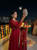 BEAUTIFUL ANARKALI STYLED RED GOWN WITH PANT AND DUPATTA