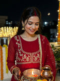 BEAUTIFUL ANARKALI STYLED RED GOWN WITH PANT AND DUPATTA