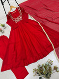 BEAUTIFUL ANARKALI STYLED RED GOWN WITH PANT AND DUPATTA