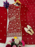 KARWA CHAUTH SPECIAL LAUNCH SEQUENCE EMBROIDERY ON SILK FABRIC TOP AND PLAZZO WITH DUPATTA SET