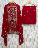KARWA CHAUTH SPECIAL LAUNCH SEQUENCE EMBROIDERY ON SILK FABRIC TOP AND PLAZZO WITH DUPATTA SET