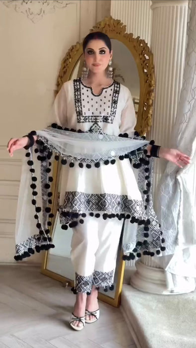 Natural Crepe with Introduced Thread with Real Mirror work with Fancy Lace Salwar Kameez