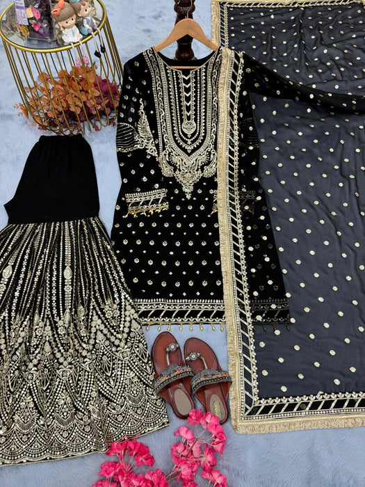 New Designer Party Wear Look Heavy Faux Georgette Top Plazzo & Dupatta Set