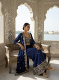 Premium CHINON SILK Elegant Heavy Blue Embroidered indowestern Plazzo Set