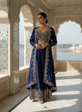 Premium CHINON SILK Elegant Heavy Blue Embroidered indowestern Plazzo Set