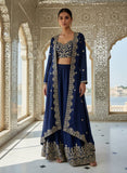 Premium CHINON SILK Elegant Heavy Blue Embroidered indowestern Plazzo Set