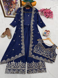Premium CHINON SILK Elegant Heavy Blue Embroidered indowestern Plazzo Set