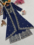 Premium CHINON SILK Elegant Heavy Blue Embroidered indowestern Plazzo Set
