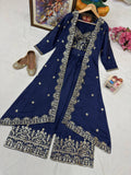 Premium CHINON SILK Elegant Heavy Blue Embroidered indowestern Plazzo Set