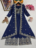 Premium CHINON SILK Elegant Heavy Blue Embroidered indowestern Plazzo Set