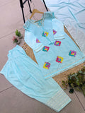 FESTIVAL SEASON WEAR BEAUTIFUL FARSI SUIT WITH SEQUENCE EMBROIDERY WORK KURTI ,SALWAAR AND DUPATTA