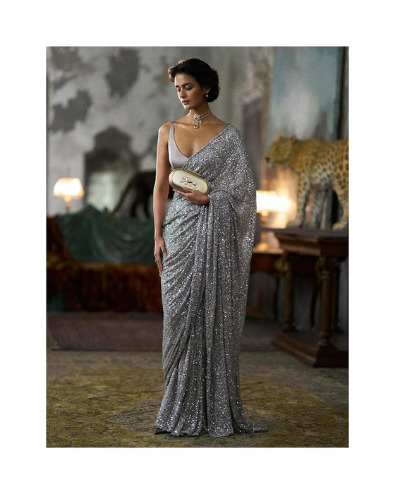 FAUX Georgette With Heavy 5MM & 3MM Khichdi Sequence Embroidery Work Saree
