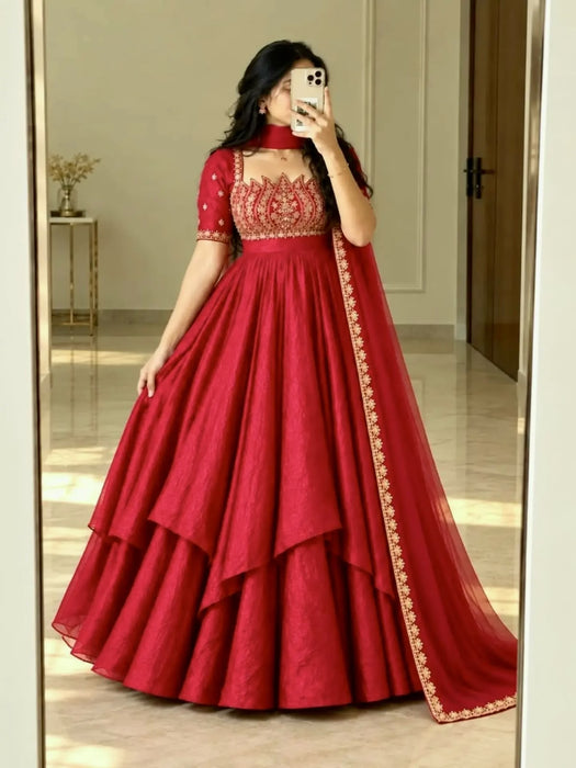 New Party Wear Look Pure Fandy Crush Silk Gown Dupatta & Bottom Set