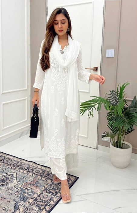 DESIGNER WEAR TRENDING SUMMER MASLIN TOP WITH COTTON THREAD EMBROIDERED WORK AND WORK PLAZO WITH DUPATTA