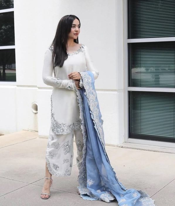 NewDesigner Party Wear Look Pure Roman Glass Top & Fancy Palazzo With Dupatta set