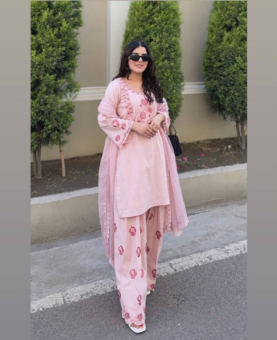 New Designer Party Wear Look Pure Natural Crepe Top & Farshi Palazzo With Dupatta set
