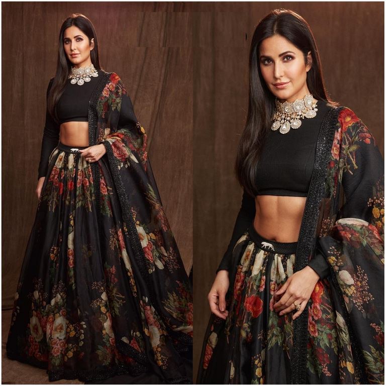 katrina kaif black floral lehenga