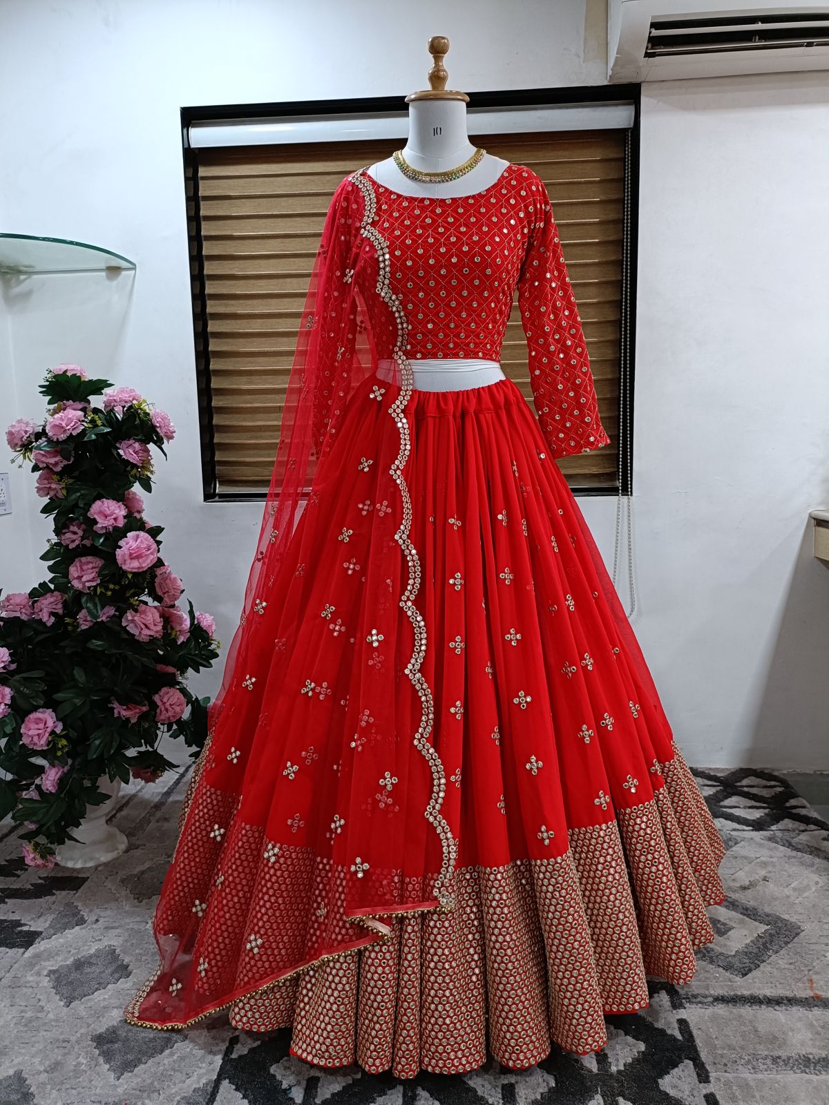 Buy Red on Red Abstract Geometric Full Pre Constructed Lehenga Saree Set by  Designer RITIKA MIRCHANDANI Online at Ogaan.com