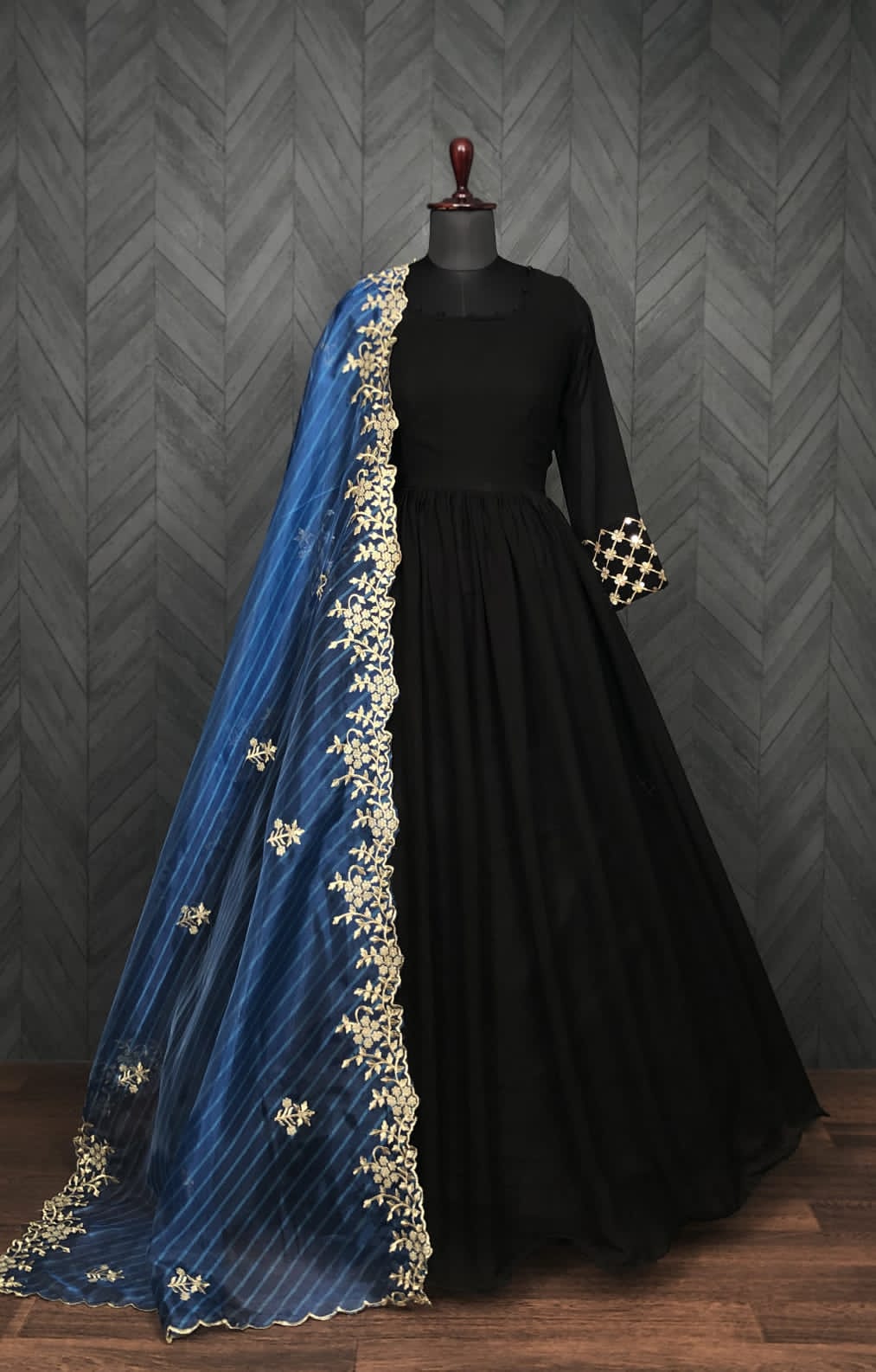 Lehriya Chinon party wear Gown with black and white shadded Dupatta DR   Roshni Boutique