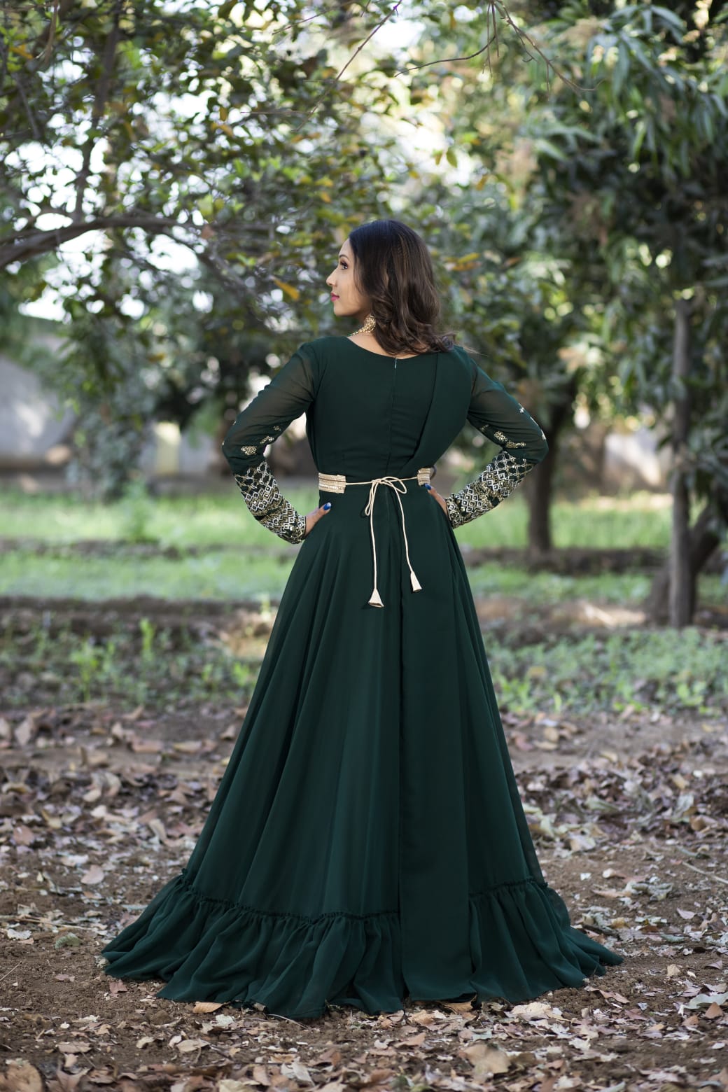 Emerald Green Gown In Net With Sequins Embellished Stripes And Attached  Drape Online - Kalki Fashion | Emerald green gown, Gowns, Frocks and gowns