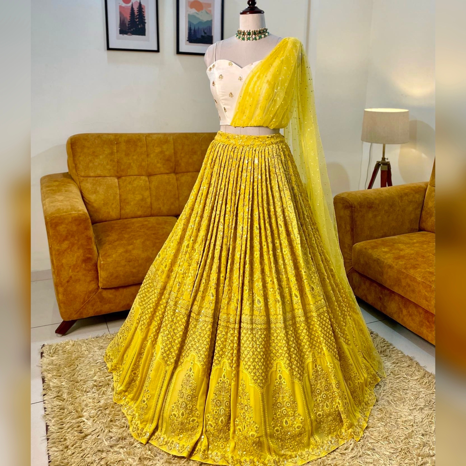 Lemon Yellow Embroidered Net Designer Lehenga Choli, 54% OFF