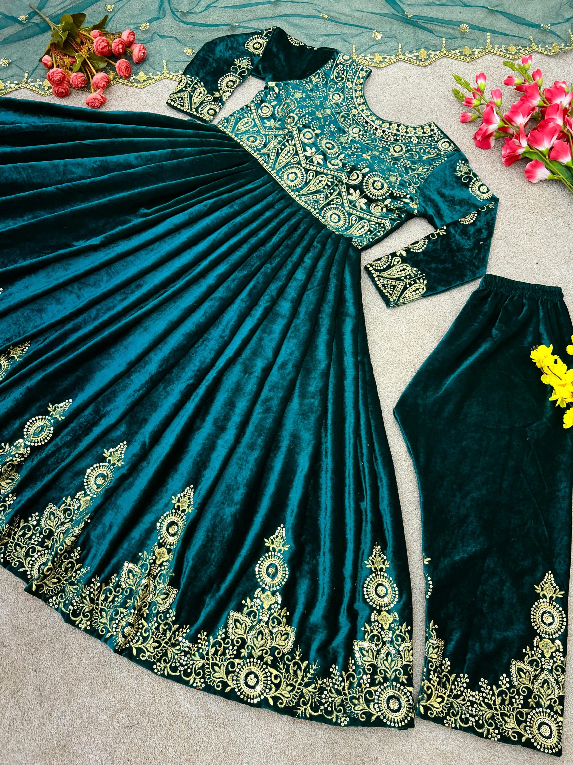 Stylish Blue Color Embroidery Work Velvet Gown